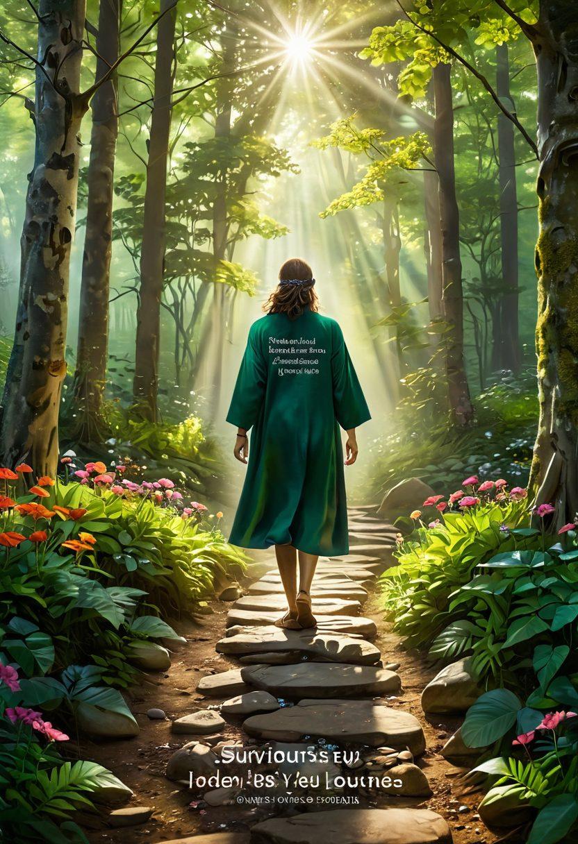 A strong and hopeful figure standing on the path of a lush green forest, symbolizing the journey from diagnosis to survivorship, surrounded by vibrant flowers representing resilience and strength. In the background, rays of sunlight break through the trees, casting a warm glow, while uplifting quotes on stones are scattered along the path. super-realistic. vibrant colors. inspirational atmosphere.