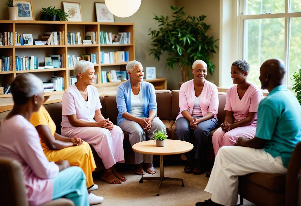 A compassionate scene depicting a diverse group of cancer patients and caregivers gathered in a supportive circle, sharing their stories with warm smiles and empathy. Shelves filled with informational resources and a calming nature backdrop, symbolizing hope and healing. Soft, glowing light to evoke a sense of peace and guidance. super-realistic. vibrant colors. soft focus.